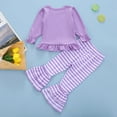 thumbnail image 3 of Okbabeha Toddler Girls 2 Piece Outfits Halloween Letter Print Long Sleeve Ruffle Shirt + Striped Flare Pants Set Cute Clothes, 3 of 8