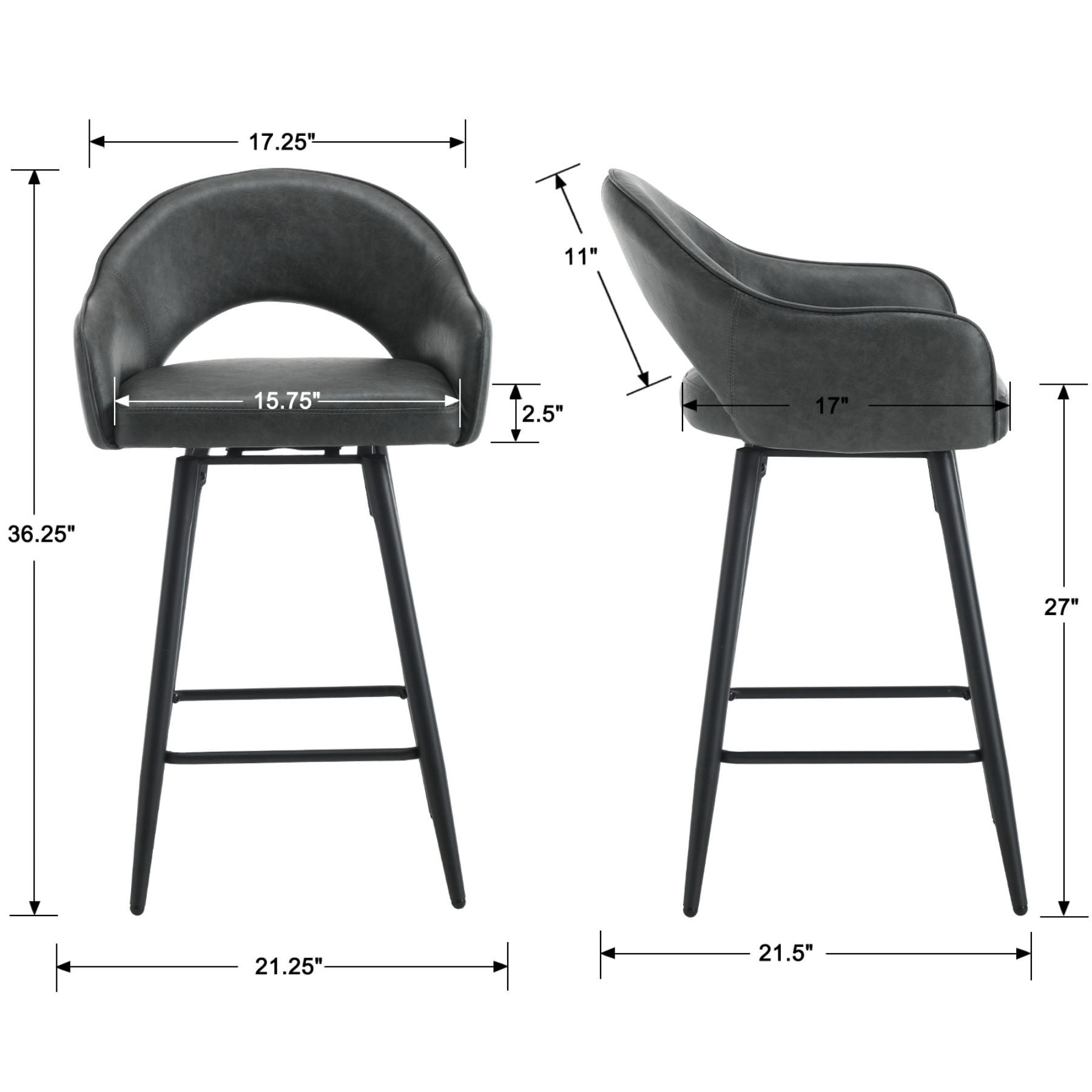 27" Modern Swivel Bar Stools Set of 2, PU Upholstered Counter Height Stools with Metal Legs, Hollow Curved Backrest for Kitchen Island, Home Bar, Bistro,Grey