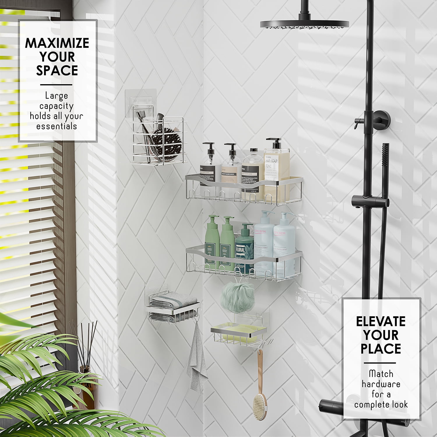 Virtu 5 Pack Adhesive Steel Shower Caddy Organizer, Heavy Duty Stainless Steel Rustproof Shower Caddy, Silver Chrome