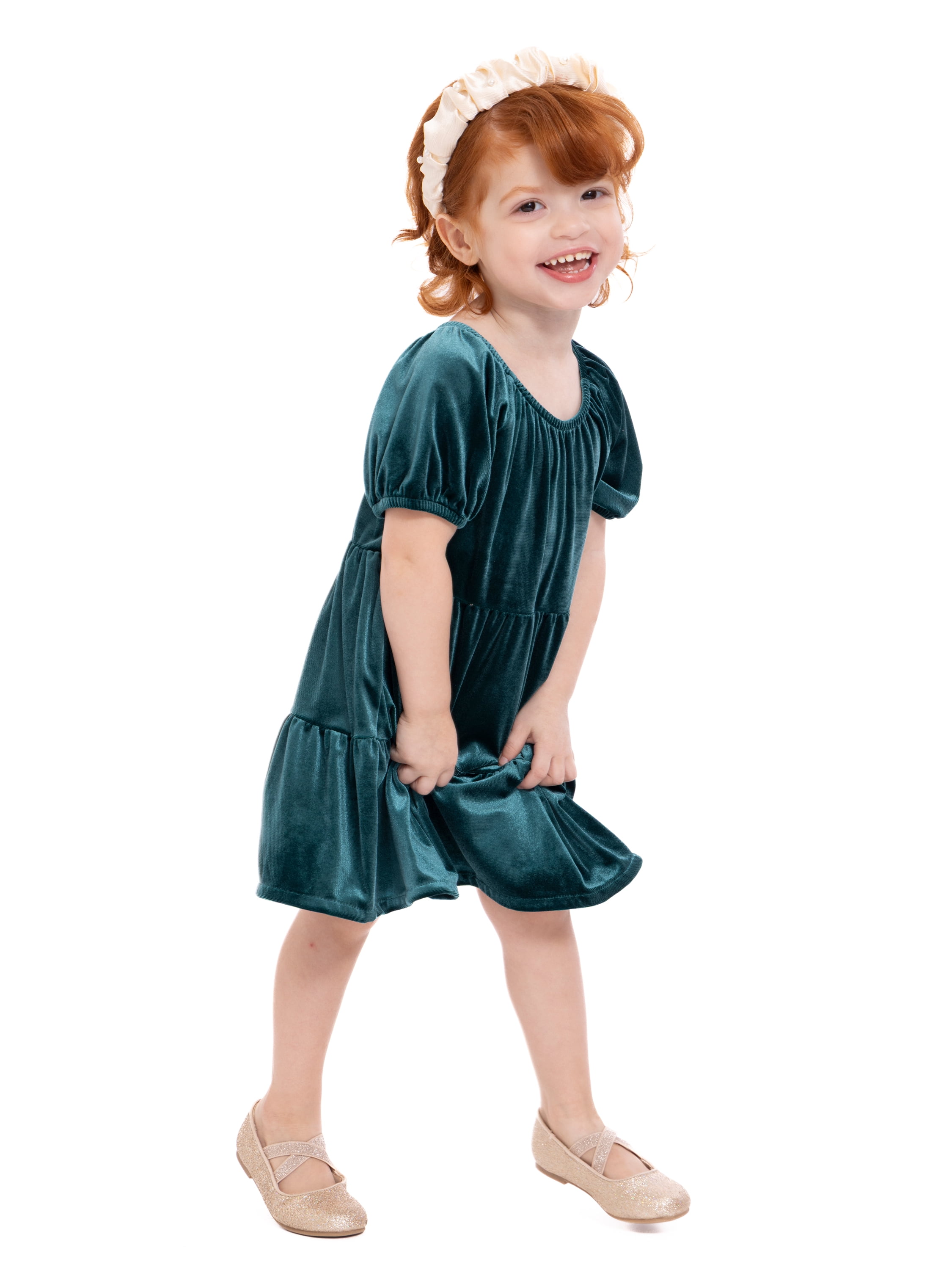 Wonder Nation Toddler Girls Tiered Velvet Dress with Puff Sleeves, Sizes 12M-5T