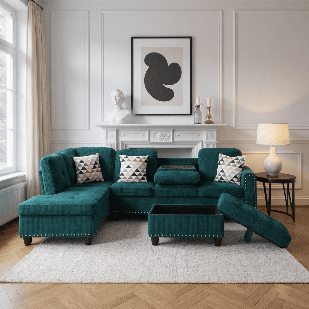 Gewnee 6 Seaters 94.49”L-Shaped Modular Sectional Sofa Couch ,Corduroy Fabric 2 Built-in Cup Holders with Storage Ottoman for Living Room