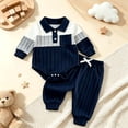 thumbnail image 2 of Soepste Boys 2 Piece Outfits Baby Stripe Romper Elastic Waist Cuffed Trousers Suit Breathable Gentleman Toddler Outfit（Blue,0-3 Months）, 2 of 4