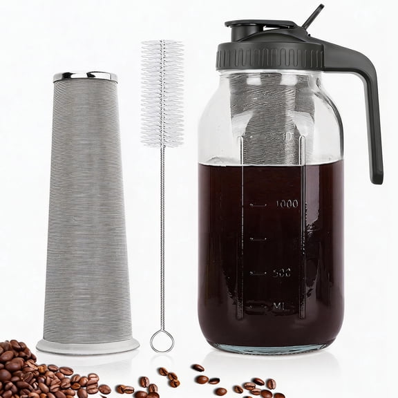Cold Brew Coffee Maker, 64 oz Mason Jar Pitcher with Stainless Steel Filter, Pour Spout Handle Lid, Glass Airtight & Leak-Proof Pitcher for Iced Brew Coffee & Tea Lemonade