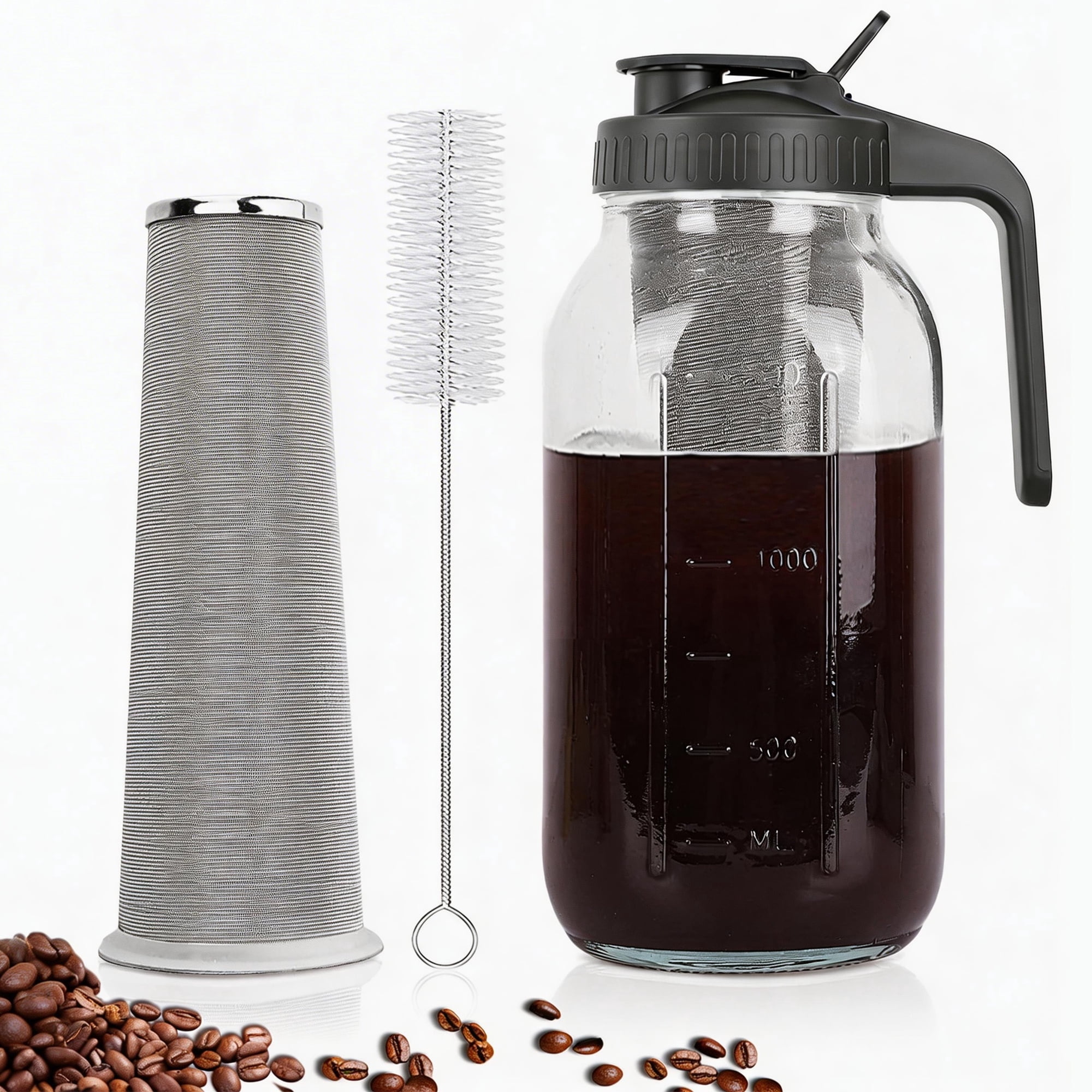 Cold Brew Coffee Maker, 64 oz Mason Jar Pitcher with Stainless Steel Filter, Pour Spout Handle Lid, Glass Airtight & Leak-Proof Pitcher for Iced Brew Coffee & Tea Lemonade