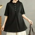 thumbnail image 3 of TKLPEHG Summer Tops for Women Crew Neck Cotton Linen Button Shirts Western Outfit for Women Leisure Solid Color Short Sleeve Blouses Fashion Lightweight Regular Blouses (Black,XL), 3 of 9