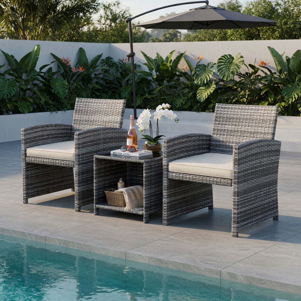 Hommoo 3-Piece Outdoor Patio Furniture Set, PE Rattan Sofa Chairs with Tempered Glass Coffee Table, Weather-Resistant Wicker for Porch, Poolside & Backyard, White