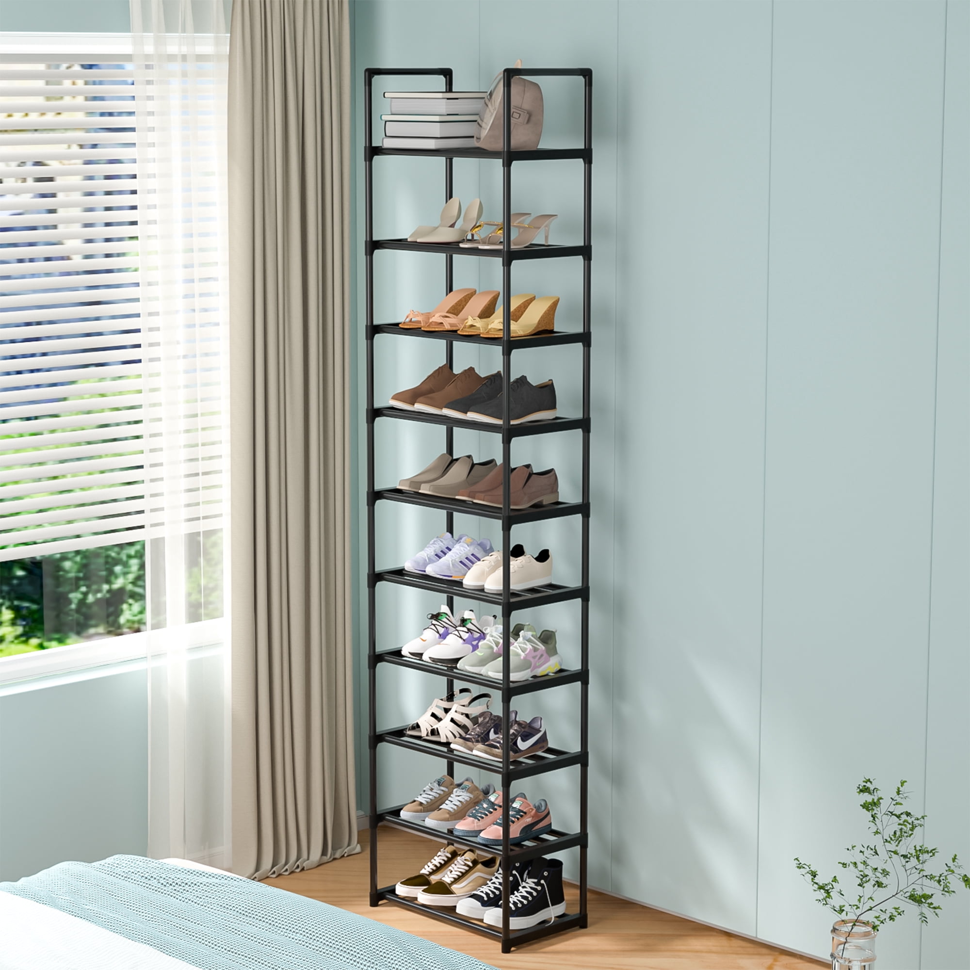 10 Tier Tall Shoe Rack, Sturdy Narrow Metal Shoe Rack Organizer for 20-25 Pairs, Save Space Shoe Racks for Closets, Bedroom, Garage, Bathroom, Large Capacity Shoe Shelf