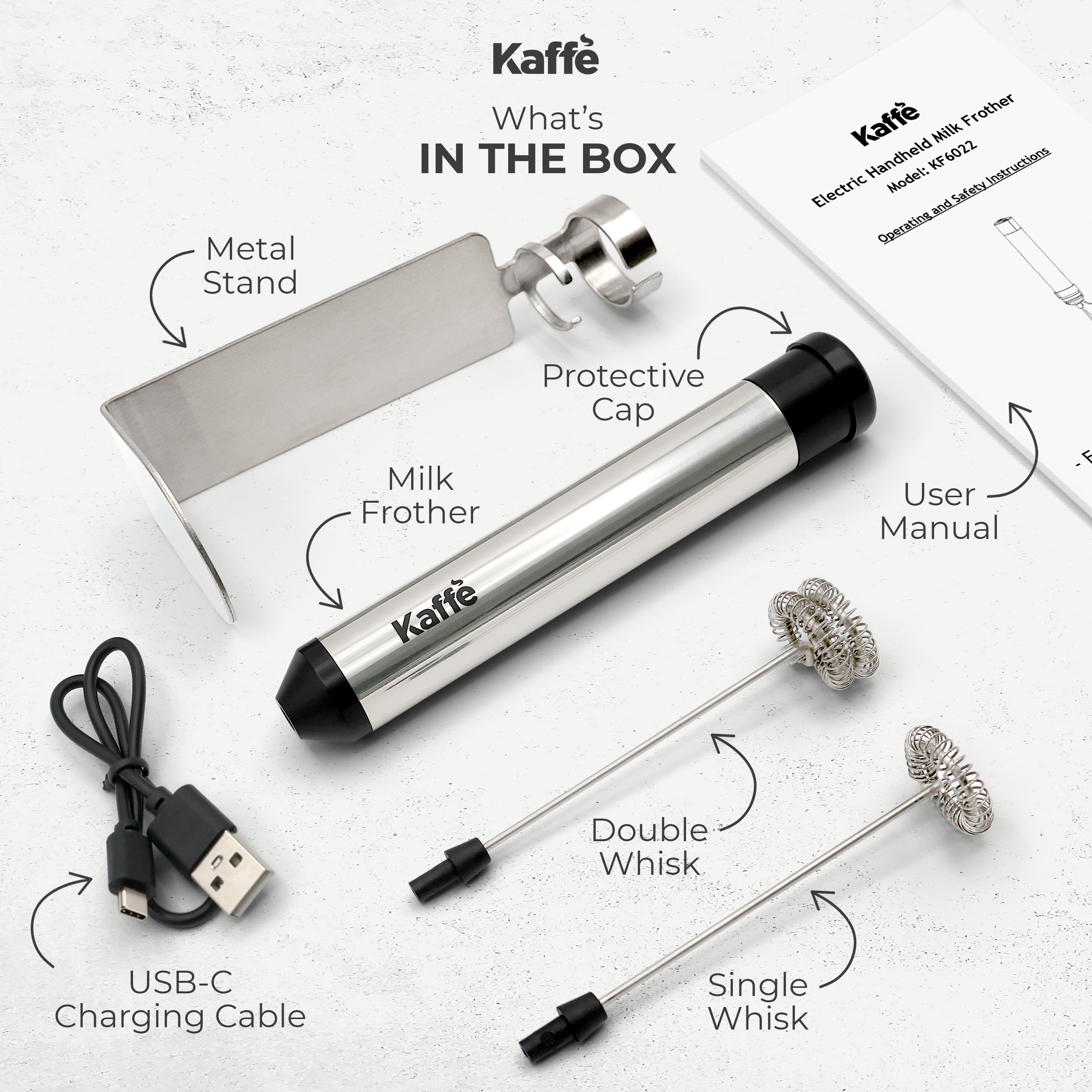 Kaffe Handheld Milk Frother Whisk with Stand Cordless Electric Hand Mixer, Silver