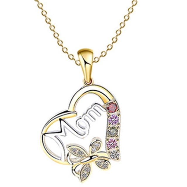 fiudx collar elegante Colegiado de aleación de aluminio accesorio dorado multicolor con dije corazón y cadena fina. Dije frontal centrado muestra "Mom" en relieve, borde dorado con fila de cristales multicolor y adorno de mariposa con pavé de cristales, fotografía frontal sobre fondo blanco; ideal para uso diario, fiestas y como regalo para mujeres y adolescentes.