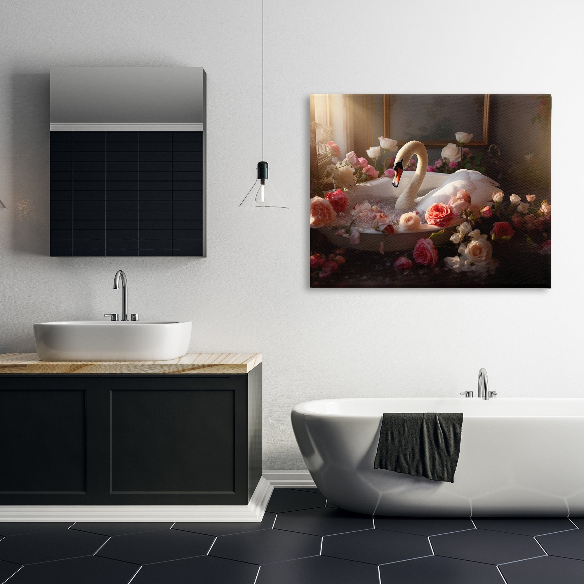Stupell Industries Swan & Bathroom Roses Animals & Insects Painting Gallery Wrapped Canvas Art Print Wall Art, 48 x 36