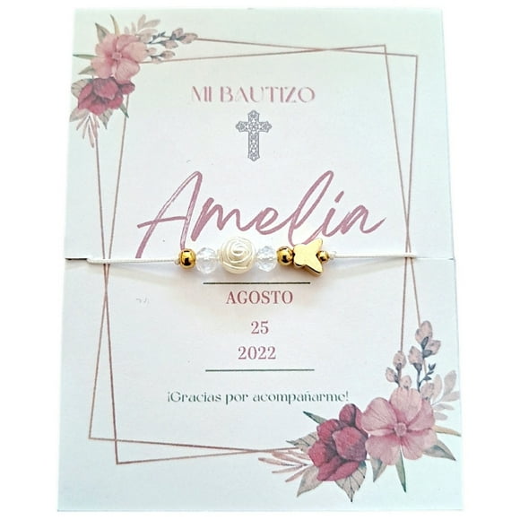Pulsera Ajustable Dijes de Mariposa y Rosa con Cristales Recuerdo Con Tarjeta Personalizada Para Bautizo, Primera Comunión, Confirmación, Boda, xv Años,etc.Paquete de 10 Piezas
