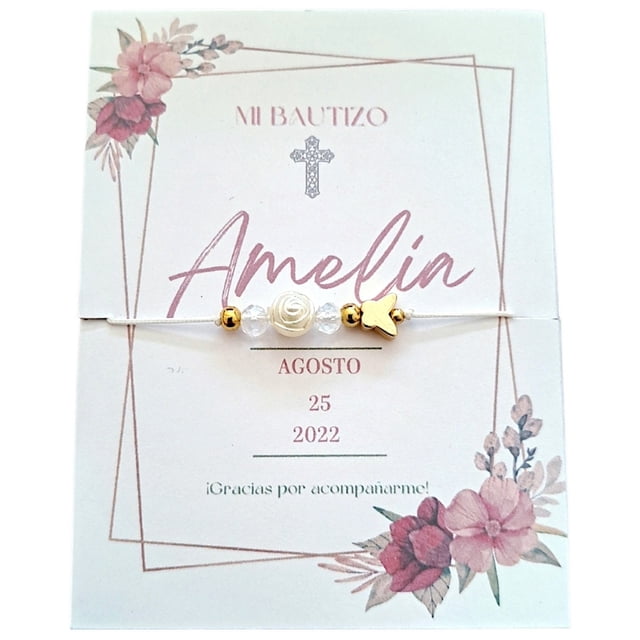 Pulsera Ajustable Dijes de Mariposa y Rosa con Cristales Recuerdo Con Tarjeta Personalizada Para Bautizo, Primera Comunión, Confirmación, Boda, xv Años,etc.Paquete de 10 Piezas