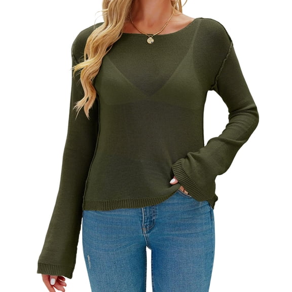 Long Sleeve Women's Casual Tulle Top Blouse Lightweight Knit Pullover Sweater