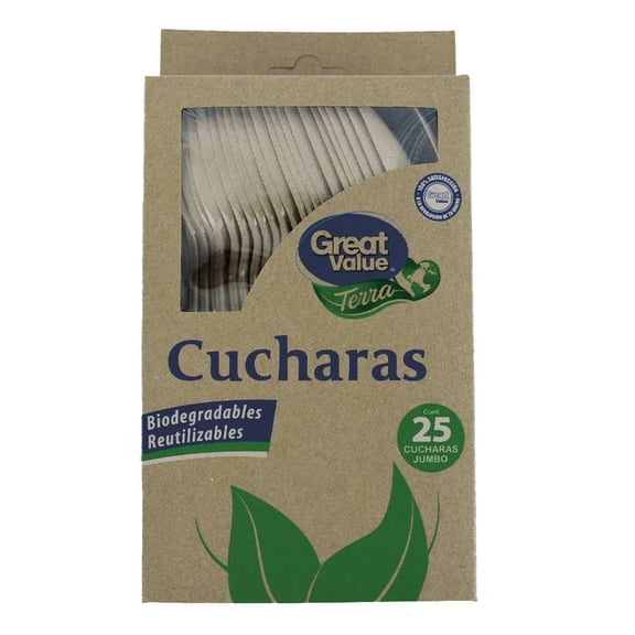 Cucharas Great Value terra biodegradables jumbo color beige 25 pzas