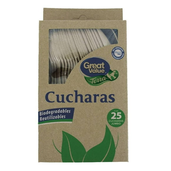 Cucharas Great Value terra biodegradables jumbo color beige 25 pzas