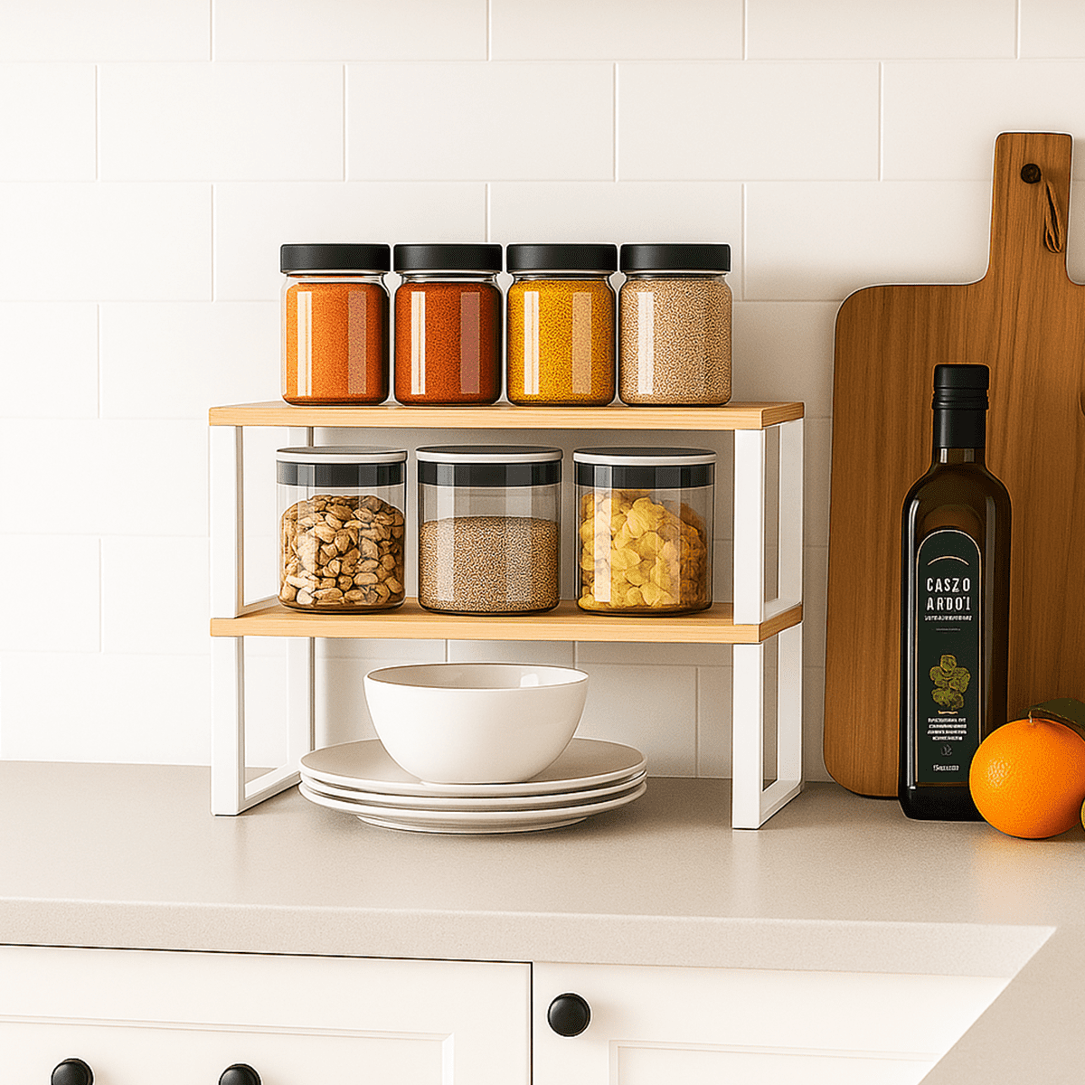 Sben Kitchen Shelf Cabinet Organizer, Set of 2, Counter Shelves, Kitchen Storage, Spice Rack, Stackable, Functional, Metal and Engineered Wood (Bamboo and White)