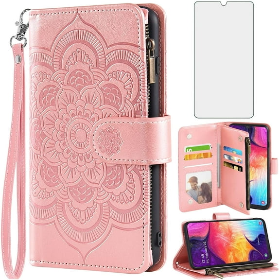 Compatible with Samsung Galaxy A50 A50S A30S Wallet Case and Tempered Glass Screen Protector Flip Card Holder Cell Phone Cover for Glaxay A 50 50S 30S Gaxaly S50 50A SM A505G Women Rose Gold
