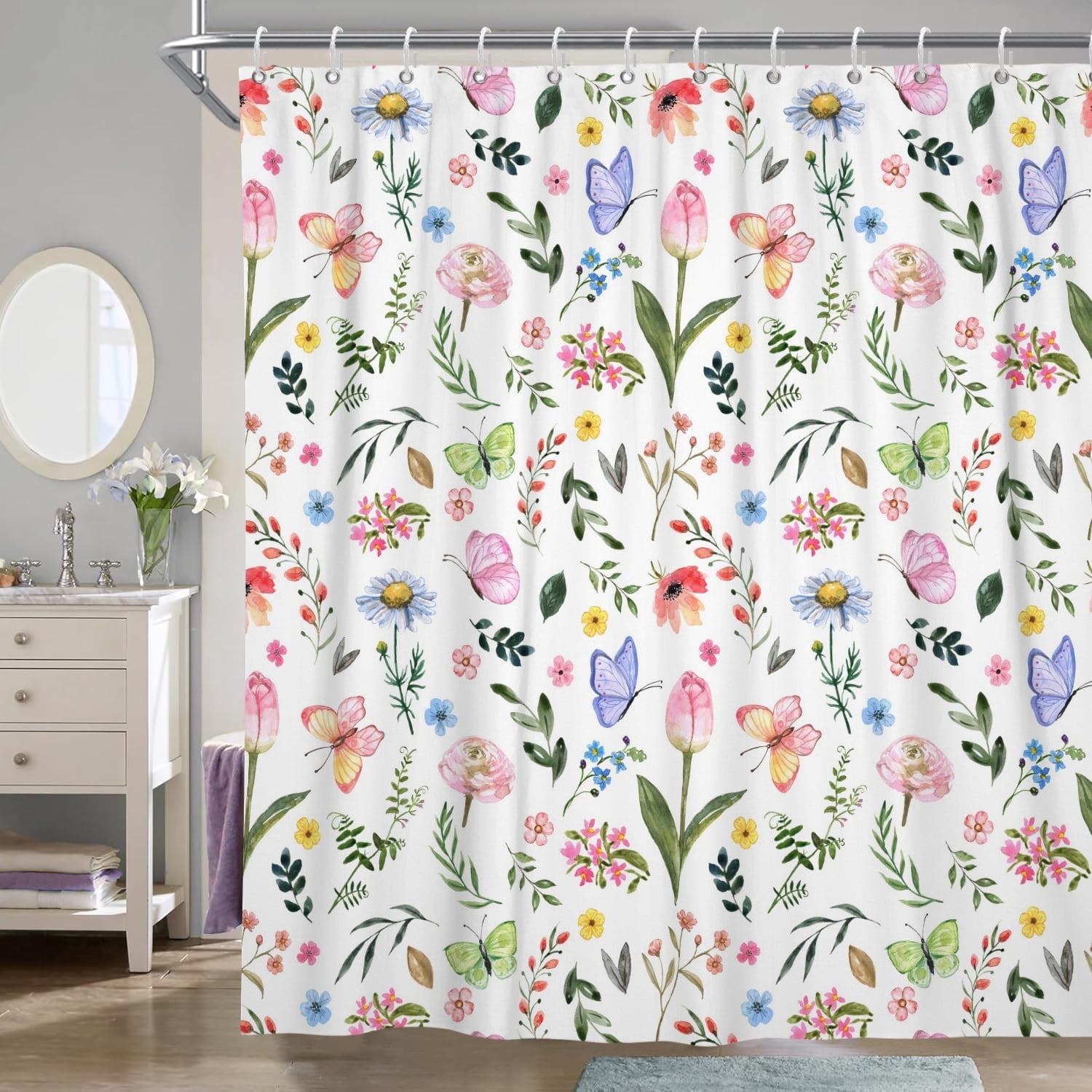 Pbobriich Floral Shower Curtain, Colorful Wildflower Shower Curtain with 12 Hooks , 72” x 72”