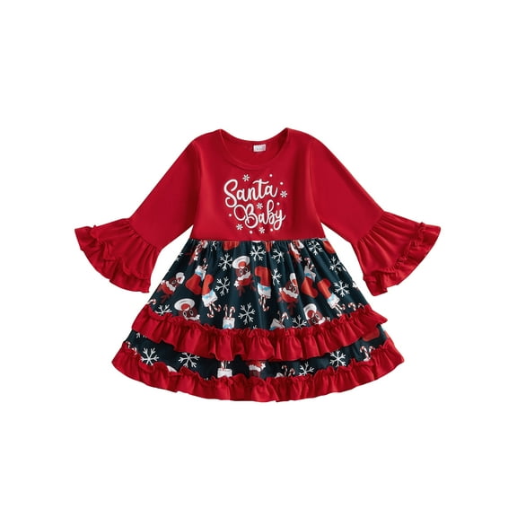 Toddler Kids Little Girl Christmas Dress 3 4 5 6 7 Years Letter Reindeer Print Round Neck Flare Sleeve Tiered Ruffle Dress for Daily School Party