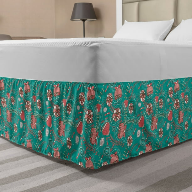 Teal And Pink Bed Skirt Abstract Flowers With White Dots Swirls Little Leaves Elastic - Light Pink Queen Size Bed Skirt Teal And Pink Bed Skirt Abstract Flowers With White Dots Swirls Little Leaves Elastic - Light Pink Queen Size Bed Skirt