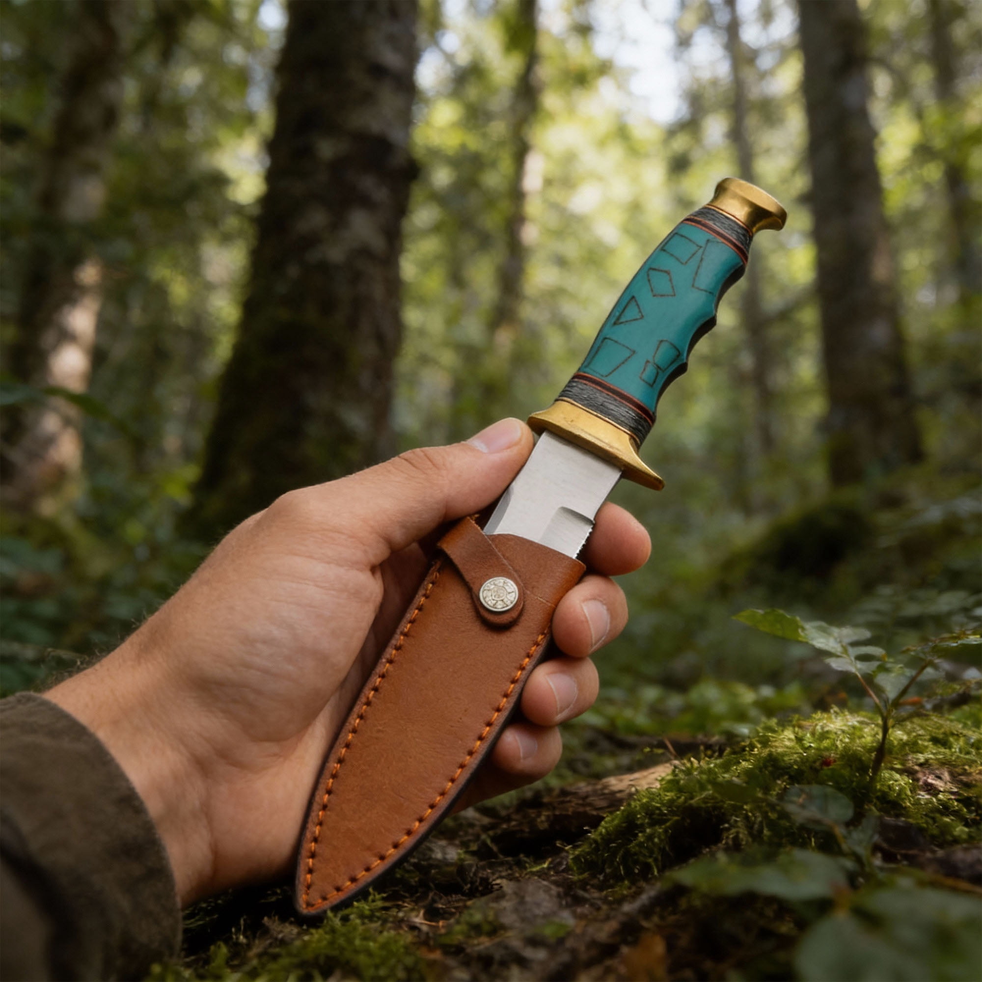 SZCO 12.25 Inch Turquoise Bowie Knife Fixed Blade Stainless Steel Blade Pakkawood Handle Brass Guard Outdoor Hunting Knife with Sheath