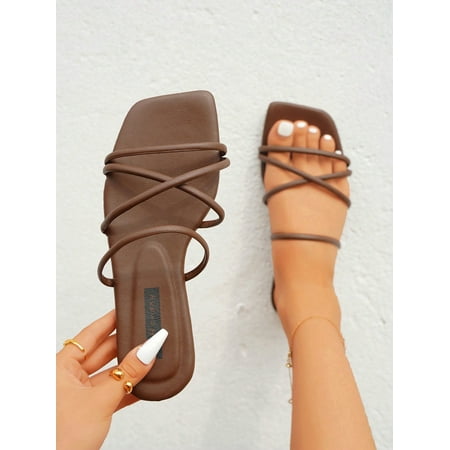 

Cross Strap Slide Sandals Beige Elegant Solid Color Slippers