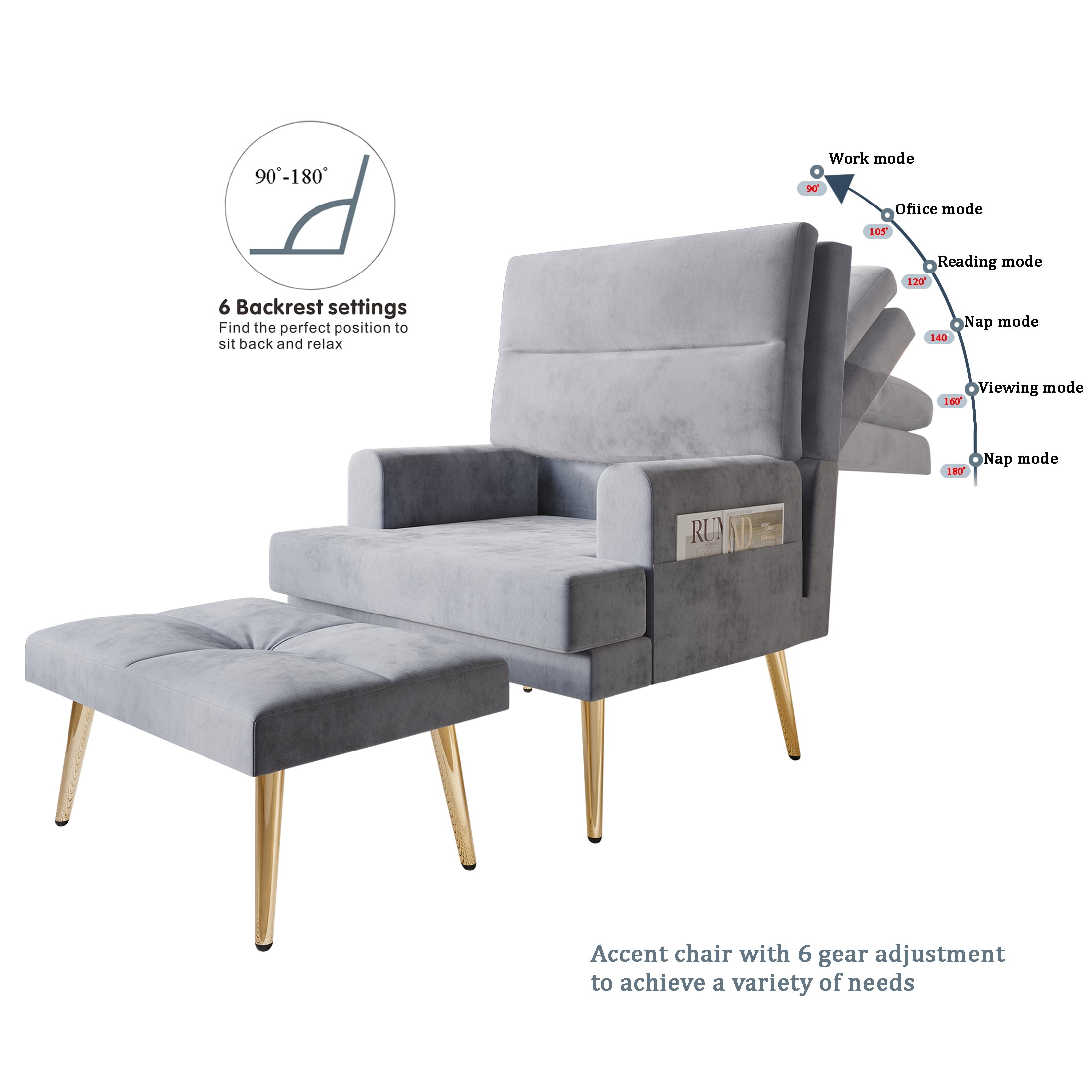 Castle Place Luxury Upholstered Velvet Accent Chair with Ottoman, Silver Grey