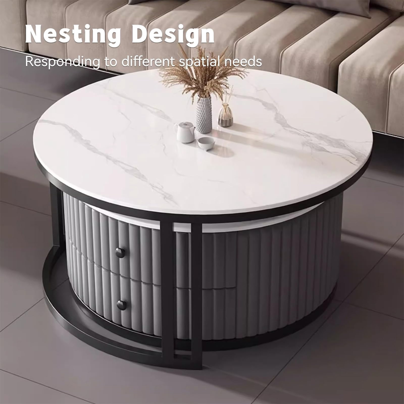 Black Coffee Table Round Set of 2 Nesting Coffee Table for Living Room Circle Coffee Table with Storage Drawer Mid Century Modern Coffee Table with Marble Desktop Large Round Coffee Table