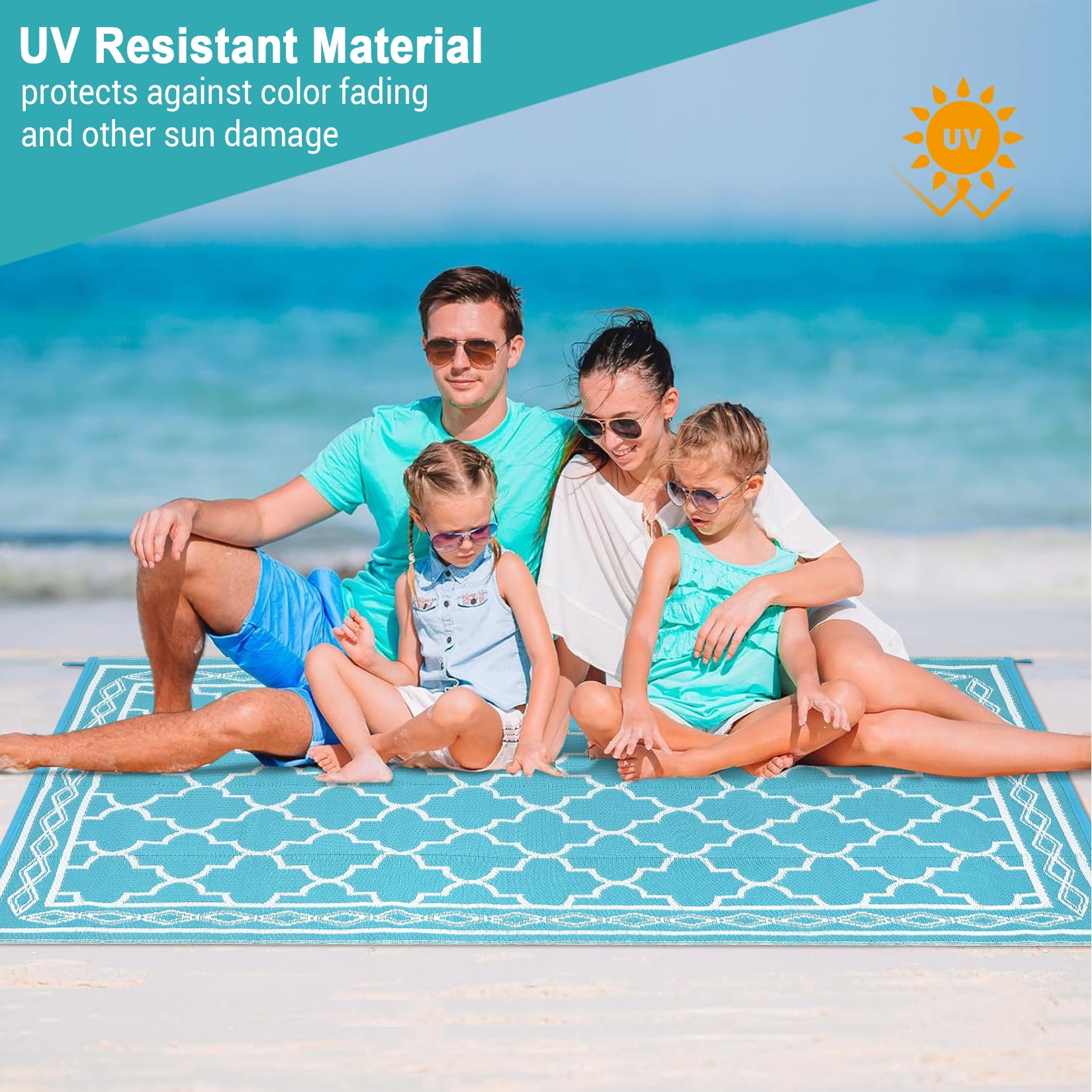 HOMERRY Geometric Moroccan Outdoor Rug Straw Plastic Area Rug for Balcony Pool RV Waterproof Reversible Carpet, Light Blue, 9'x 18'