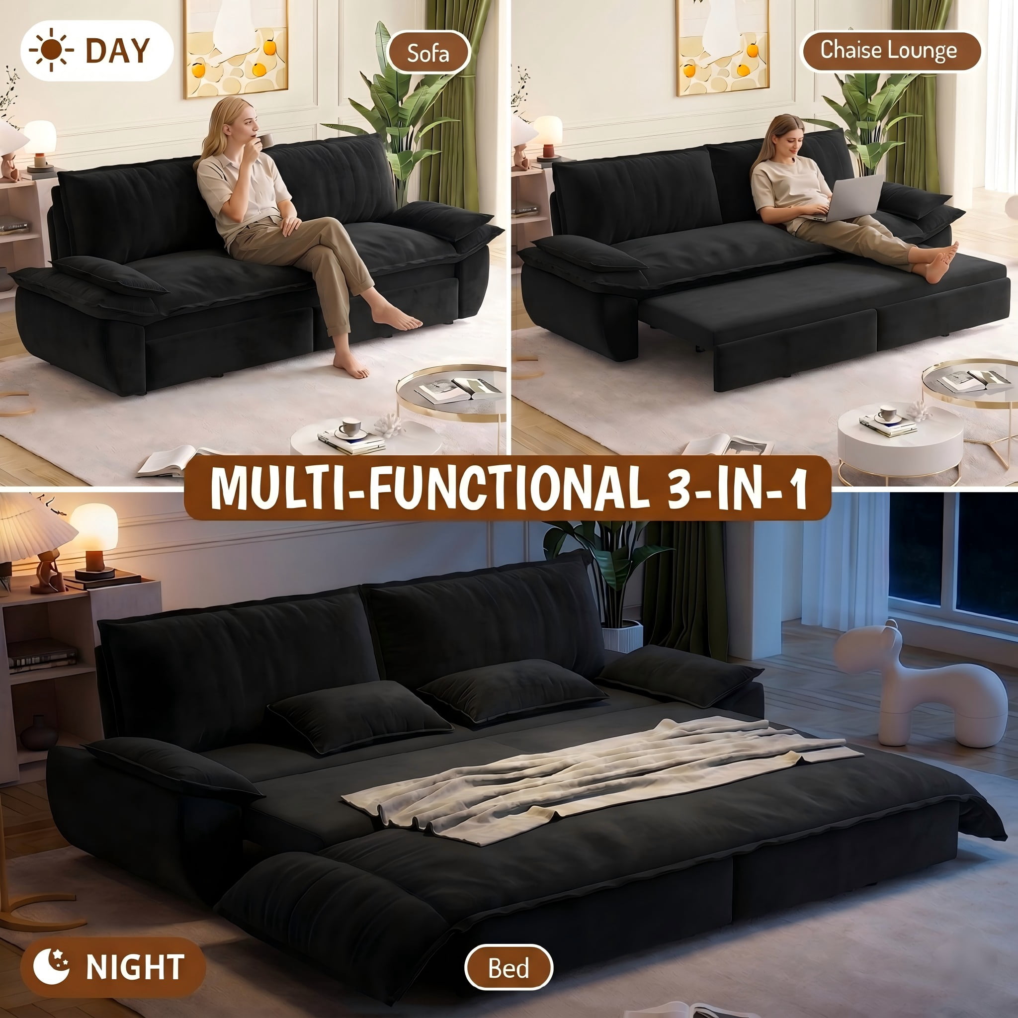 Multi-Functional Velvet 3-in-1 Convertible Sofa Bed, Queen Size Sleeper Loveseat with 2 Pillows, Black