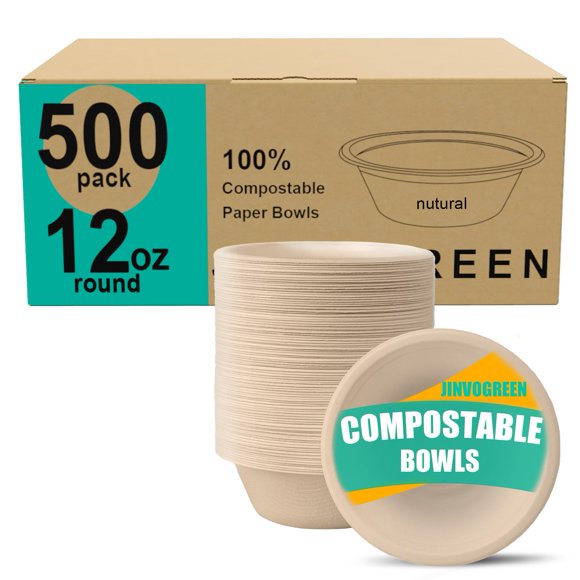 Cuencos de papel compostables JINVOGREEN 12 oz, 500 unidades a granel