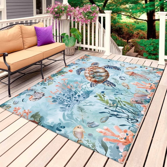 Sea Turtle Outdoor Rug for Patio/Deck/Porch, Non-Slip Large Area Rug 3 x 5 Ft, Summer Beach Coastal Nautical Coral Blue Red Indoor Outdoor Rugs Washable Area Rugs, Camping Rug Carpet Runner