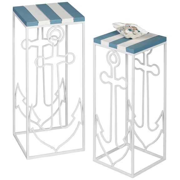 Nautical Anchor Slat Wood and Metal Nesting Table Set Set of 2, 27 and 30 Inches High