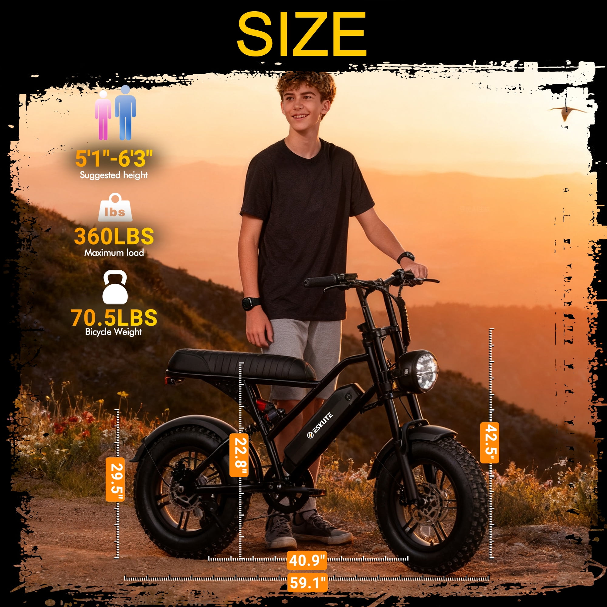 ESKUTE Electric Black Bike for Adults – 500W Motor 48V 13Ah Battery, 19MPH, 16"x4.0" Fat Tire E-Moped, 7-Speed, Up to 60 Miles, Commuter E-Bike for Adul UL2849