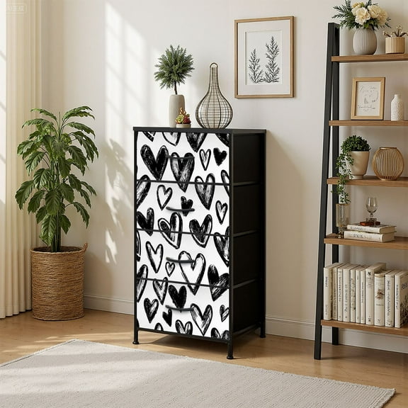 4 Drawer Vertical Storage Dresser Abstract heart Ink Black white with Wood Top Fabric Pull Drawers