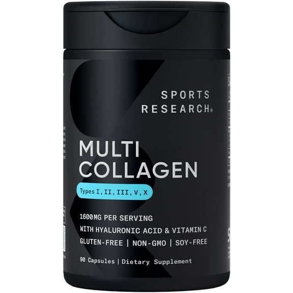 Sports Research® Multi Collagen 1600mg (Type I, II, III, V, X) Hyaluronic Acid + Vit C Anti-Aging (90 Capsules)
