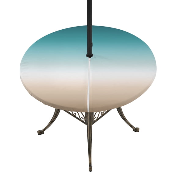 Round Outdoor Tablecloth with Umbrella Hole and Zipper, Teal Beige Ombre Cream Fitted Table Cover with Elastic for 31-35 Inch, Modern Turquoise Abstract Art Aesthetics Waterproof Patio Tablecoths