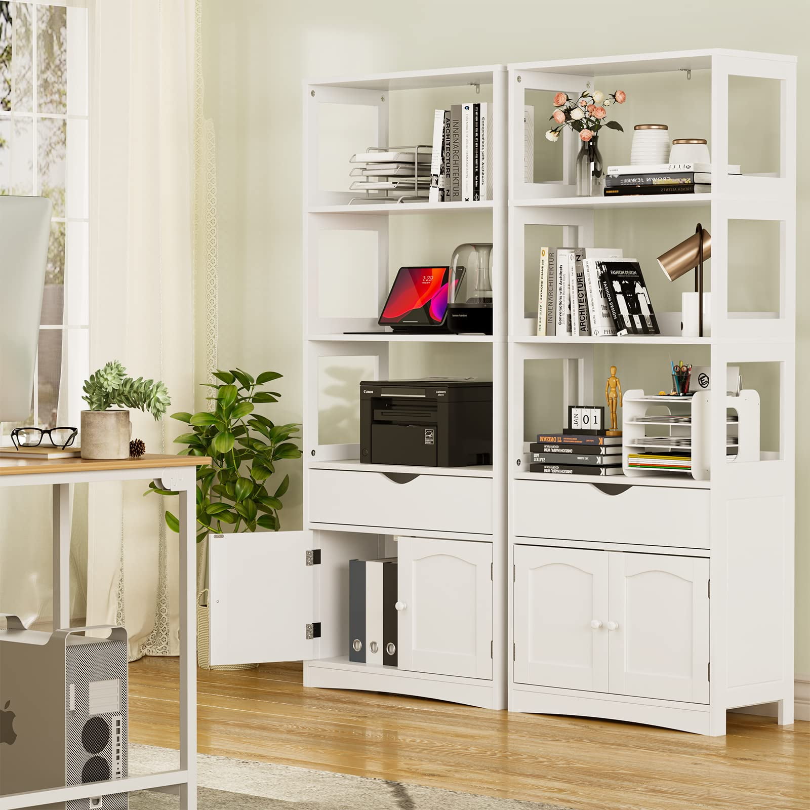 Tall Kitchen Pantry Cabinets with Microwave Shelf & Drawer, Bathroom Storage Cabinet/Sideboard Storage Cabinet for Home Office, White