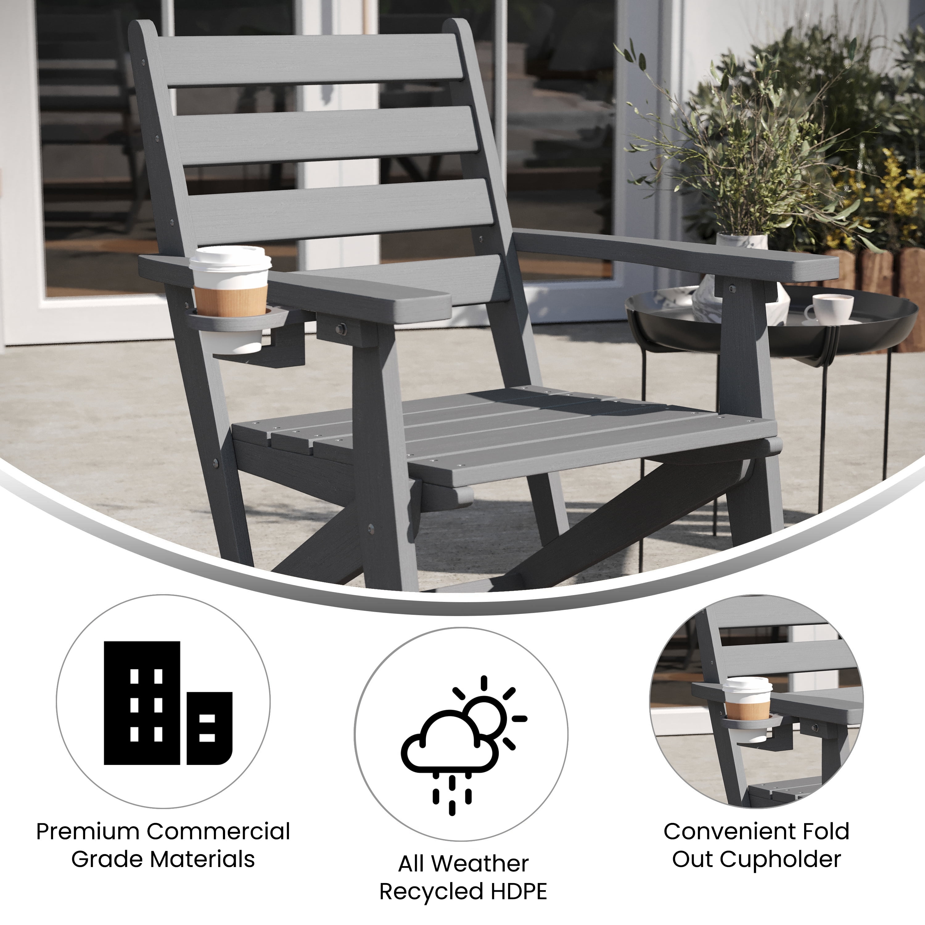 Emma + Oliver Adirondack Dining Chair with Fold Out Cup Holder, Weather Resistant Recycled HDPE Adirondack Chair in Gray