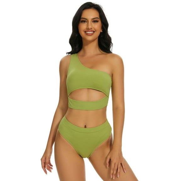 Women High Waisted Bikini Set Ribbed One Shoulder Two Piece Cutout Sleeveless Swimsuits Suit