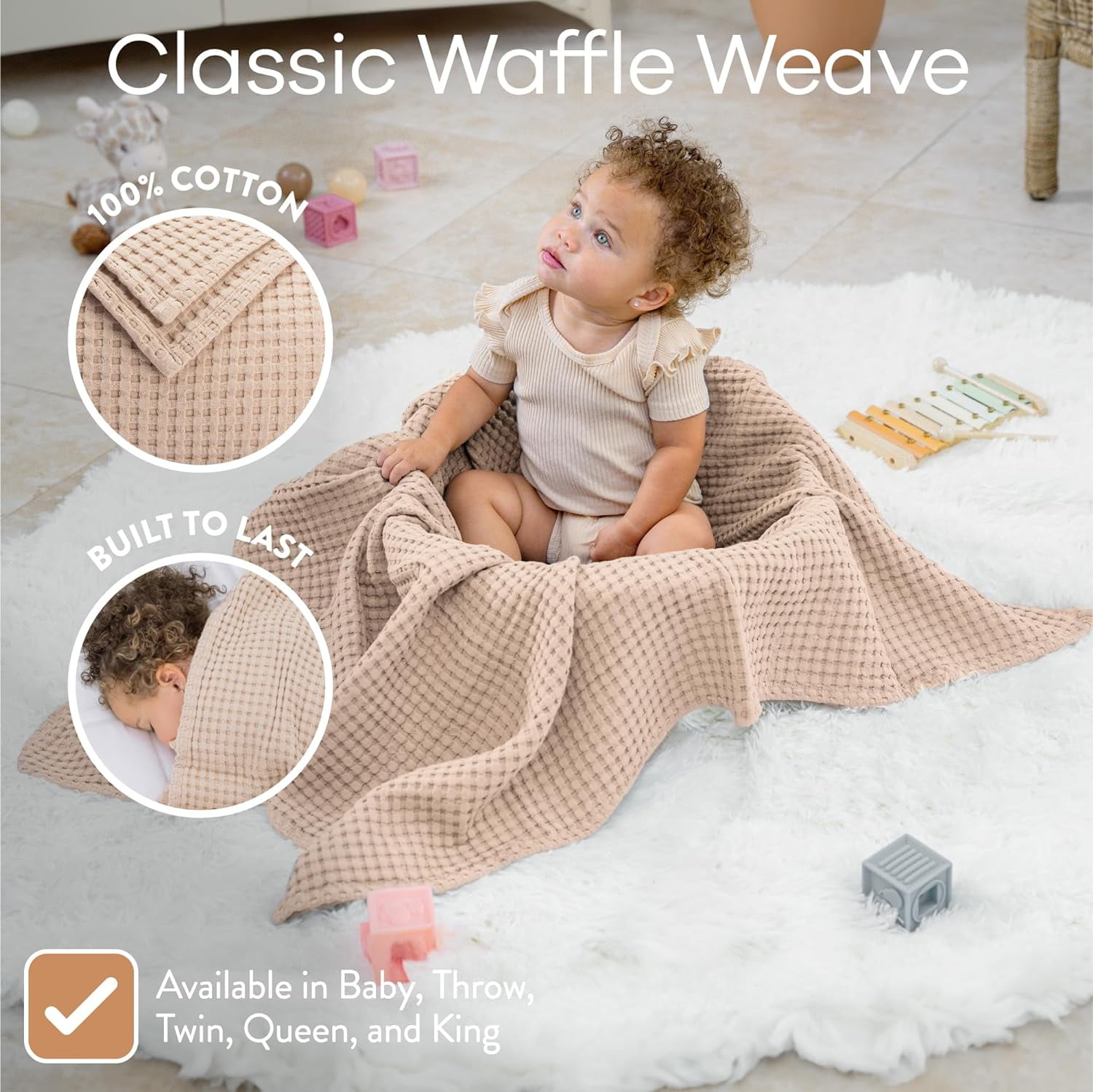 Comfy Cubs Waffle Weave Blanket - 40” x 40” - 100% Cotton Soft, Lightweight Baby Blanket, Blush