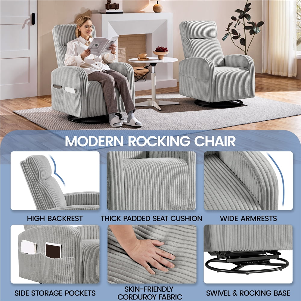 Yaheetech Corduroy Swivel Recliner Glider Chair Rocking Chair for Living Room, Light Gray