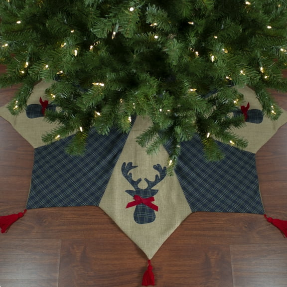 Northlight 48" Blue and Brown Burlap and Plaid Reindeer Christmas Tree Skirt with Tassels - 48