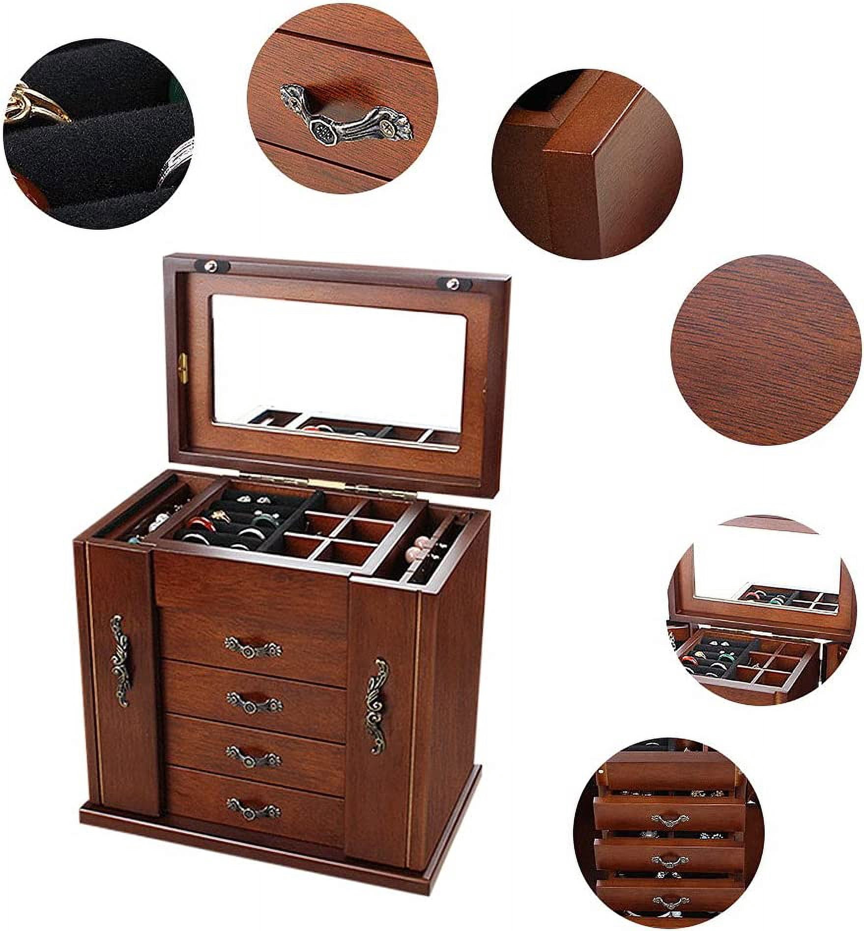 Large Wooden Jewelry Box with Built-in Mirror, 5 Drawers Jewelry Case with Side Organizer, Watches Necklace Ring Storage Box for Women