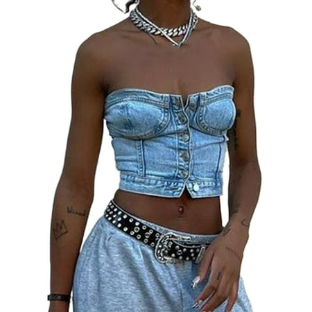 

Coduop Women Denim Tube Top Button Skinny Casual Strapless Corset Crop Vest