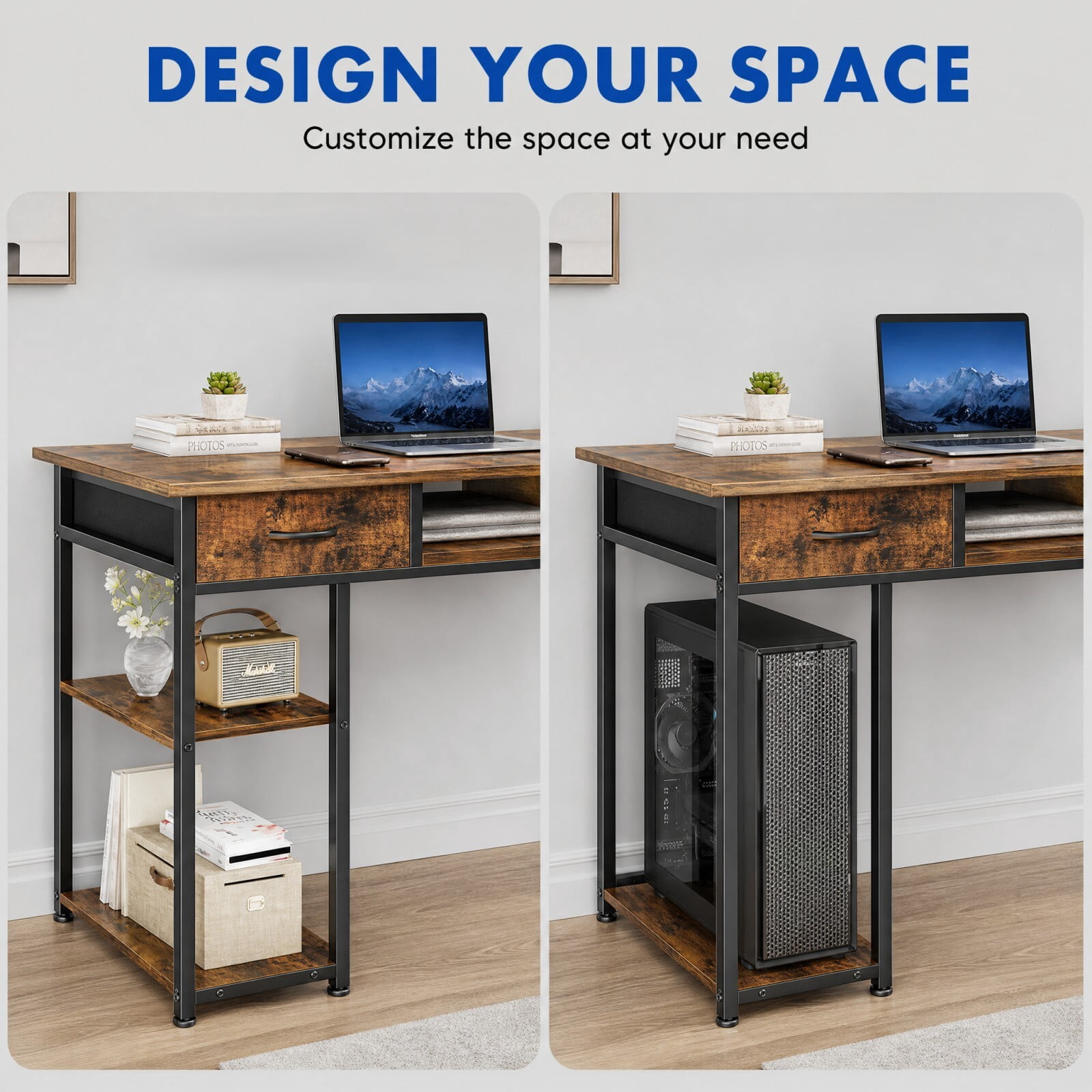 BEAUTYPEAK 48" Computer Desk with Fabric Drawers Storage Shelves Adjustable Feet Writing Gaming Table, Rustic Brown