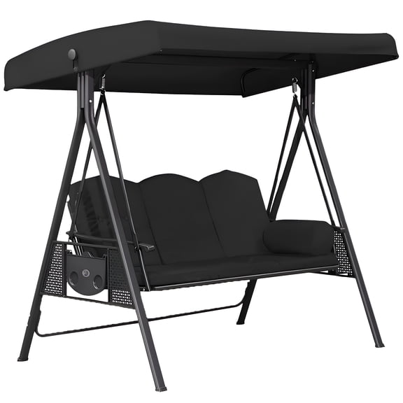 XIBUFE 3 Seat Outdoor Porch Swing with Adjustable Canopy,Convertible Patio Swing Bed with Stand,Patio Glider Swing with Upgraded Cup Holder (Top   Seating,No Iron Chair Included)