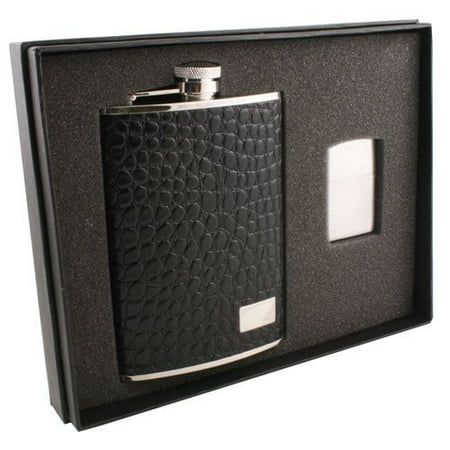 Textured Flask - Visol Gator Black Textured Leather Elite Flask & Zippo Lighter Gift Set - 8 ounces