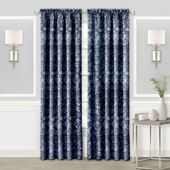 2 Pack Shabby Pastel Floral Rod Pocket Window Curtain Panel - Navy, 63 in. Long
