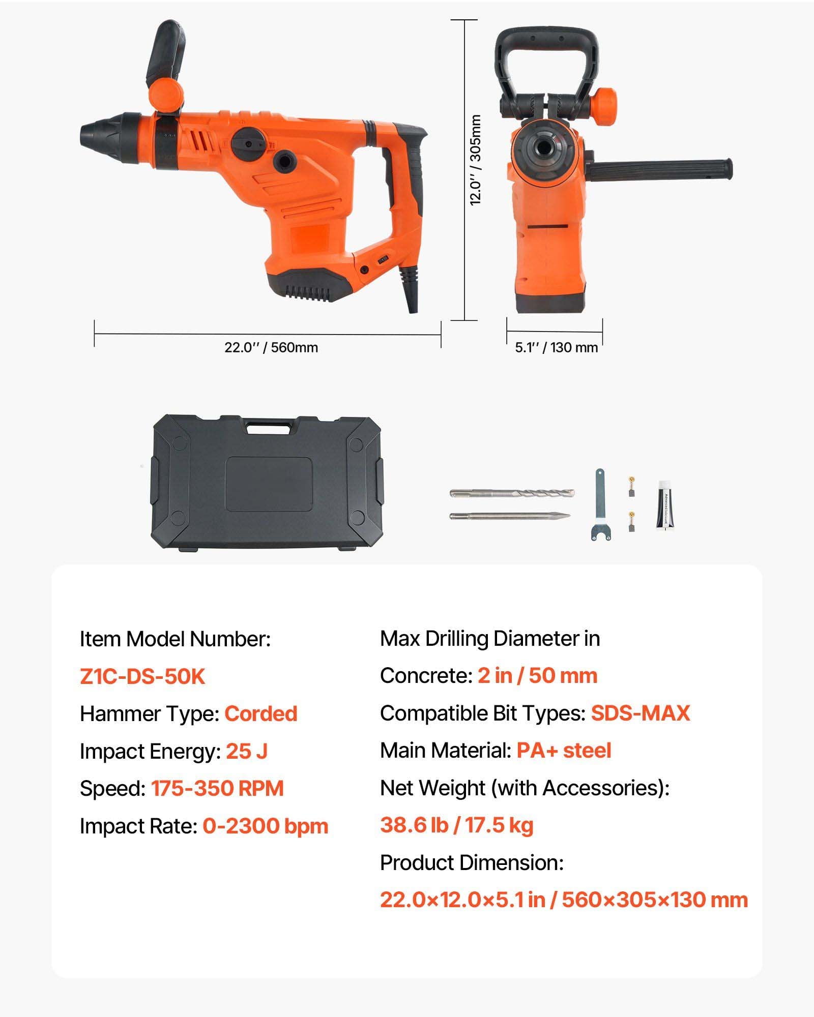 SDS-Max Rotary Hammer Drill Kit - 2 Inch, 1600W, 3-Mode Corded Hammer Drill - 175-350 RPM - Demolition & Drilling
